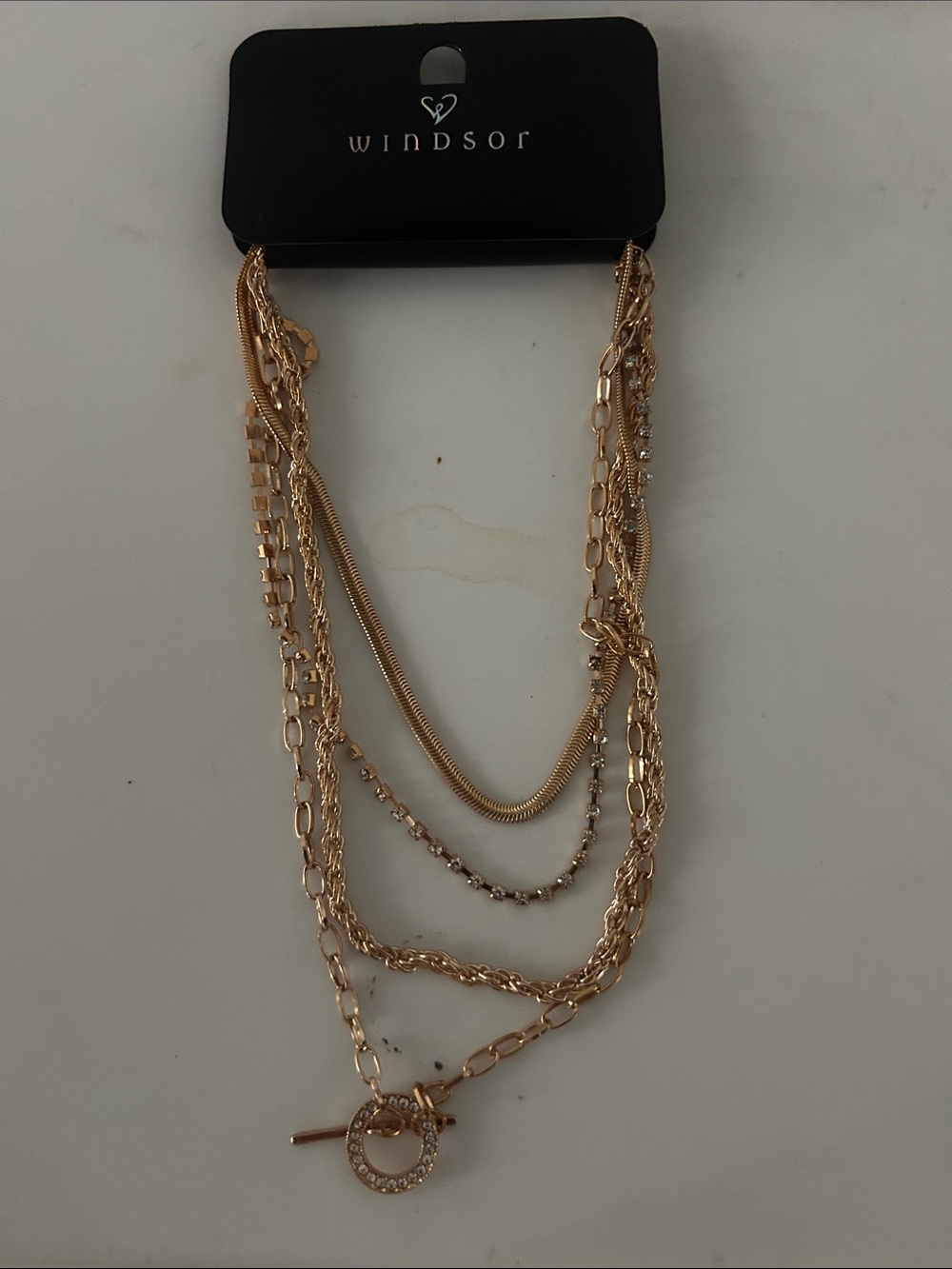 Windsor Rose Gold Multi-Layer Chain Necklace with Crystal Toggle
